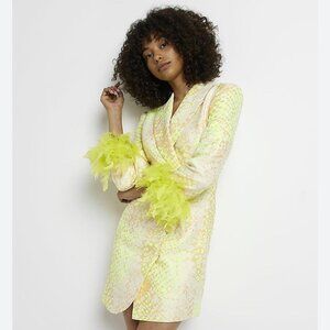 River Island Feather Cuff Blazer Dress, yellow green, sz 4 US / 8 UK